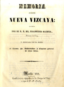 Memoria sobre Nueva Vizcaya, de F.  Gainza (Manila, 1849).